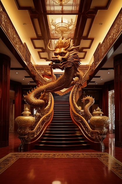 Er staat een groot drakenbeeld in het midden van een generatieve trap