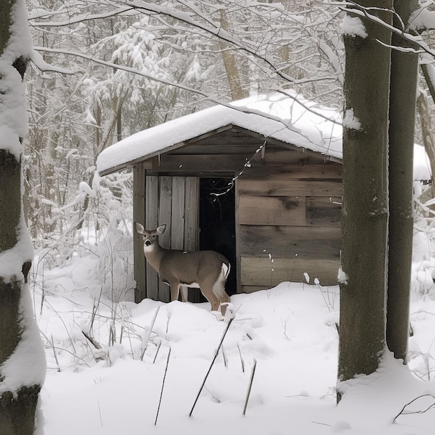 Er staat een hert in een kleine houten hut in het bos.