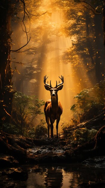 Er staat een hert in het bos met de zon die door de bomen schijnt.