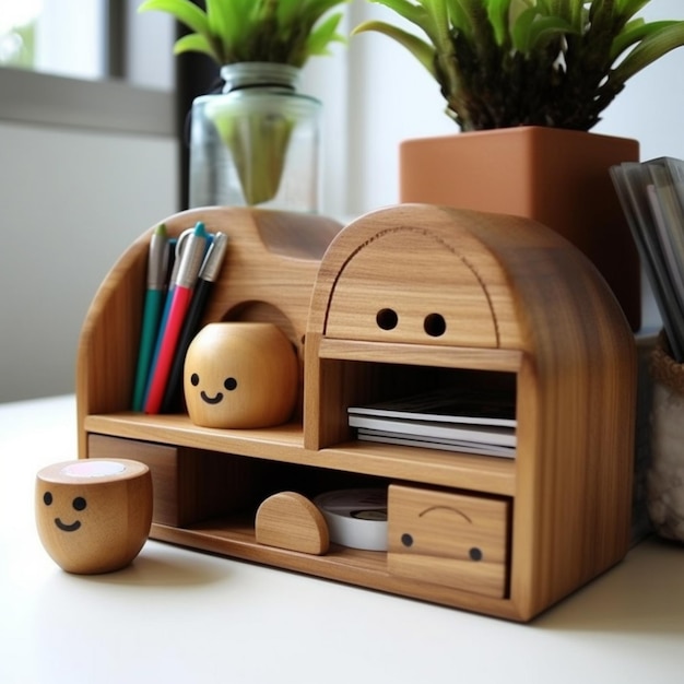 er staat een houten bureau met een plant en een houten pennenhouder generatieve ai