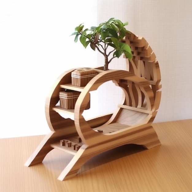 er staat een houten plantenbak met een plant erin op een tafel generatieve ai