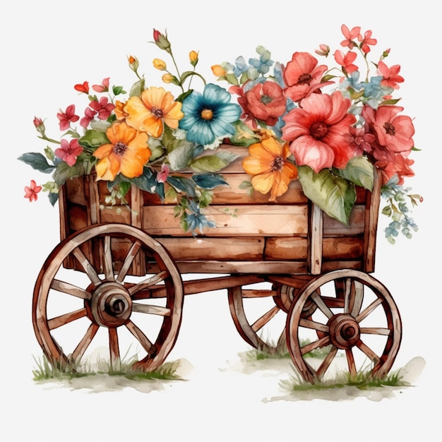 Er staat een houten wagen met bloemen achterop generatieve ai