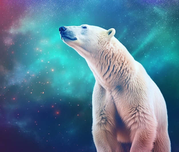 Er staat een ijsbeer in het midden van een sterrenstelsel.
