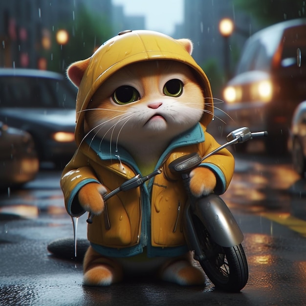 Er staat een kat in de regen met een motorfiets.