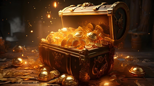 Er staat een kist vol gouden munten op een generatieve ai tafel