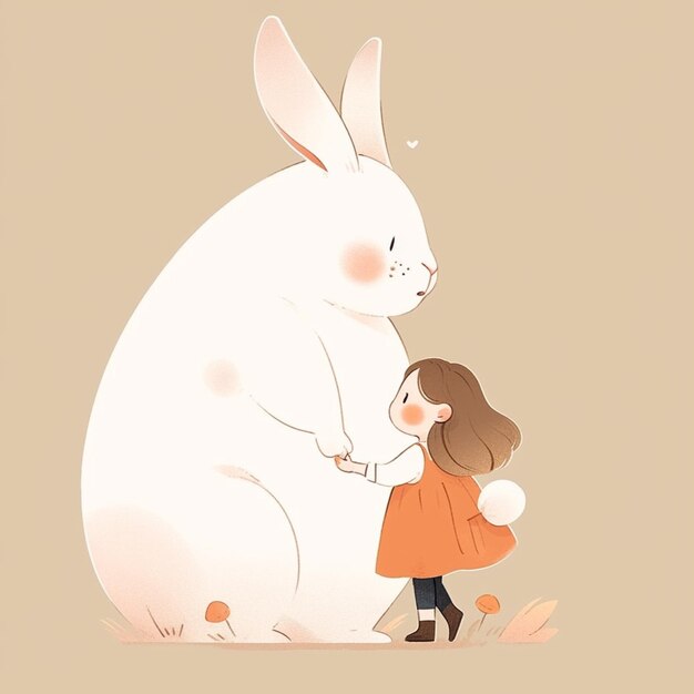 Foto er staat een klein meisje naast een groot konijn.