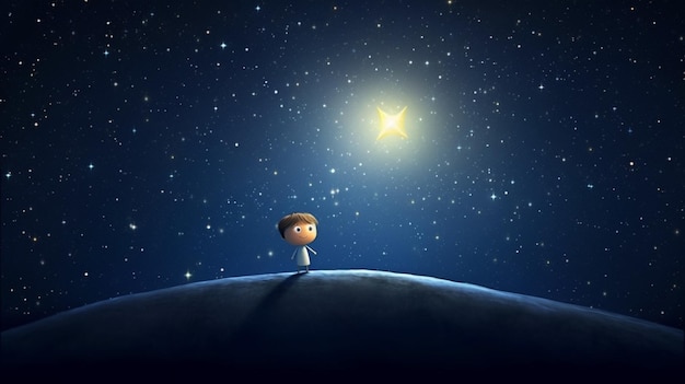 er staat een kleine jongen op een heuvel en kijkt naar de generatieve ai van de sterren
