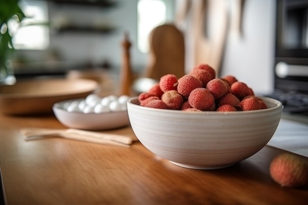 er staat een kom aardbeien op een tafel generatieve ai