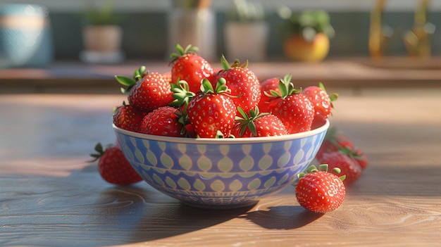 Er staat een kom aardbeien op een tafel met een plant op de achtergrond.