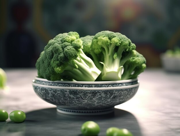 er staat een kom broccoli en erwten op een tafel generatieve ai