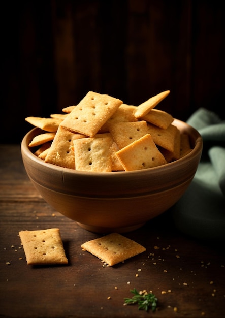 er staat een kom crackers op een tafel met een generatieve ai-doek