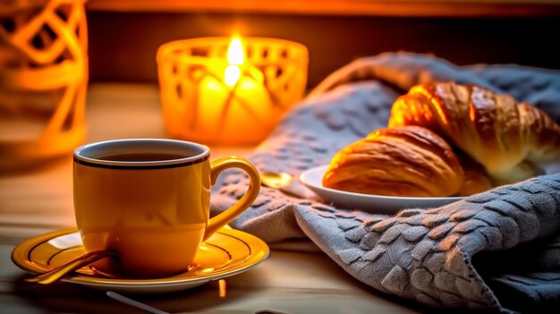 Foto er staat een kop koffie en een croissant op een tafel.