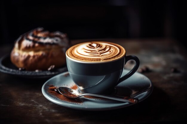 Er staat een kop koffie en een gebakje op tafel generatieve ai