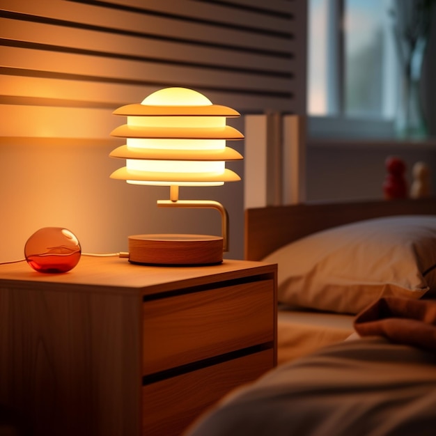 Er staat een lamp op een nachtkastje in een generatieve ai slaapkamer
