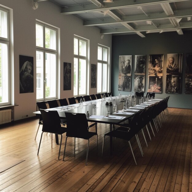 er staat een lange tafel met couverts erop in een generatieve kamer