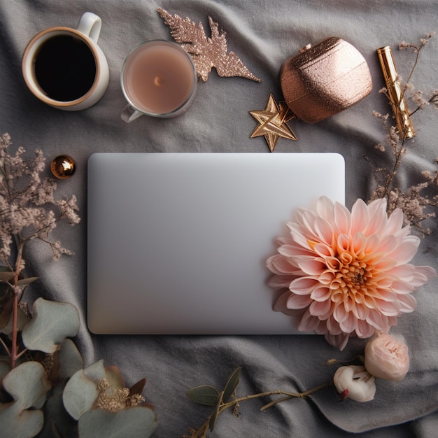 Er staat een laptop met een bloem op het scherm naast een kopje koffie generatieve ai