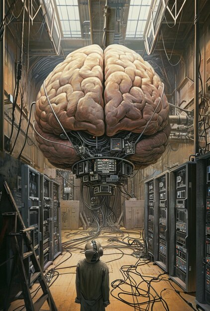 Er staat een man in een kamer met een enorme hersenen op het plafond.