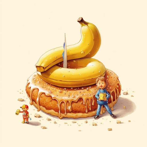 Er staat een man naast een gigantische donut met een banaan erop.