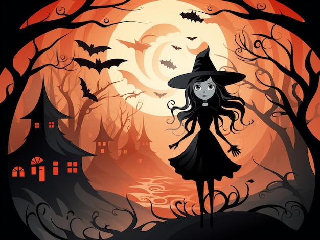 Er staat een meisje in een heksenkostuum voor een volle maan.