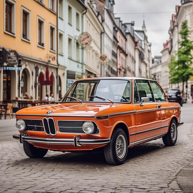 Er staat een oranje auto geparkeerd aan de kant van de straat generatieve ai