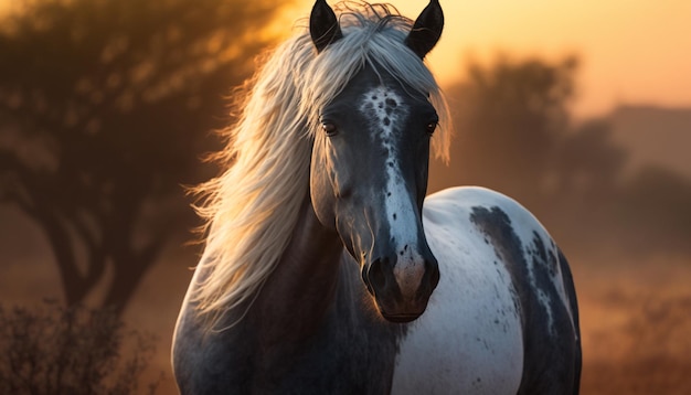 Er staat een paard in het gras bij zonsondergang.