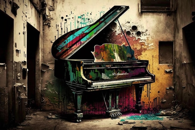 Er staat een piano in een kamer met kleurrijke verfspetters erop.