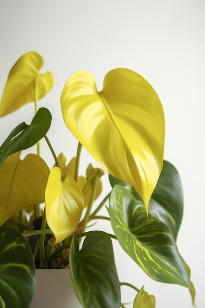 Er staat een plant met gele bloemen in een witte vaas generatieve ai