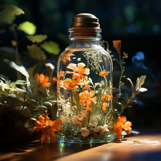 Er staat een pot met bloemen erin op een generatieve ai tafel