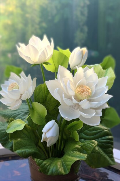 Er staat een potplant met witte bloemen op een tafel generatieve ai