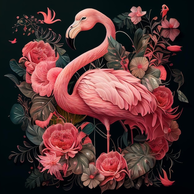 Er staat een roze flamingo in een bloemstuk generatieve ai