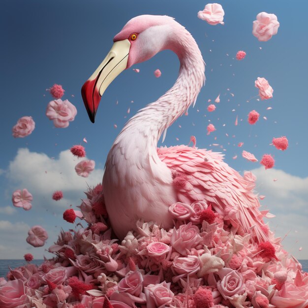 Er staat een roze flamingo op een stapel bloemen generatieve ai