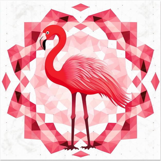 Foto er staat een roze flamingo voor een roze geometrisch ontwerp.