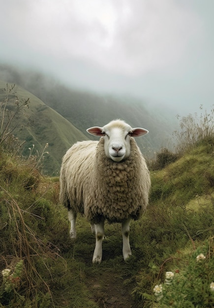 Er staat een schaap op een grasrijke heuvel met een bewolkte hemel.