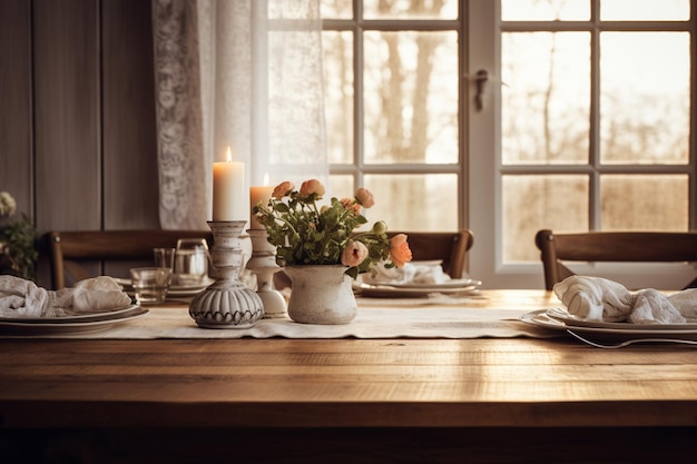 er staat een tafel met een kaars en een vaas met bloemen erop generatieve ai