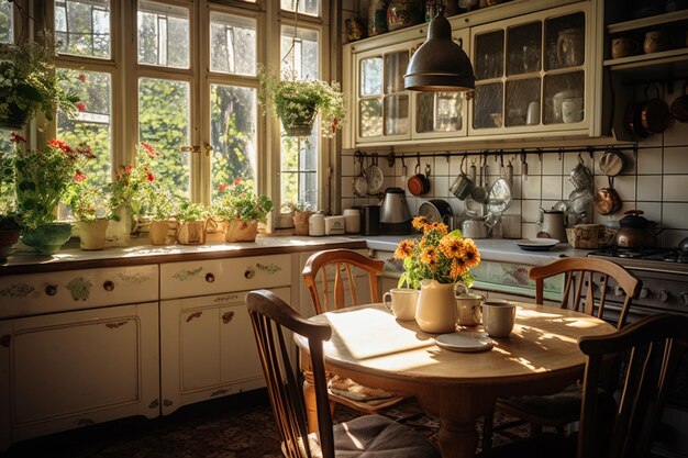 Foto er staat een tafel met een vaas met bloemen erop in de keuken generatieve ai