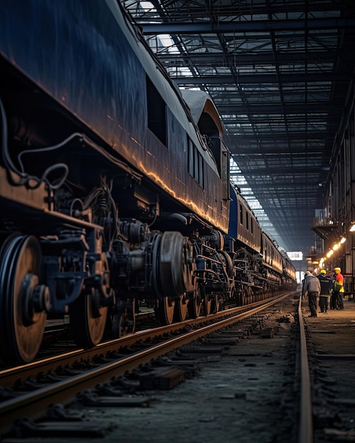 Er staat een trein op de rails in een gebouw met een man ernaast.