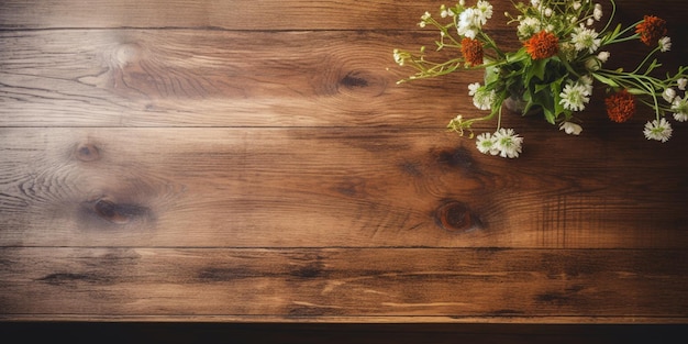 Er staat een vaas met bloemen op een houten tafel.