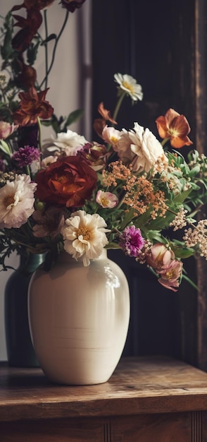 Er staat een vaas met bloemen op een tafel voor een raam generatieve ai