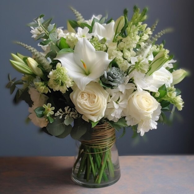 er staat een vaas met witte bloemen en groen erin generatieve ai