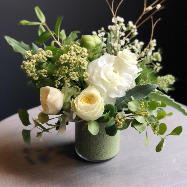 er staat een vaas met witte bloemen en groen op een tafel generatieve ai