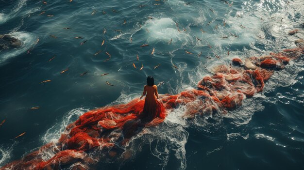 Foto er staat een vrouw in het water met een rood net.