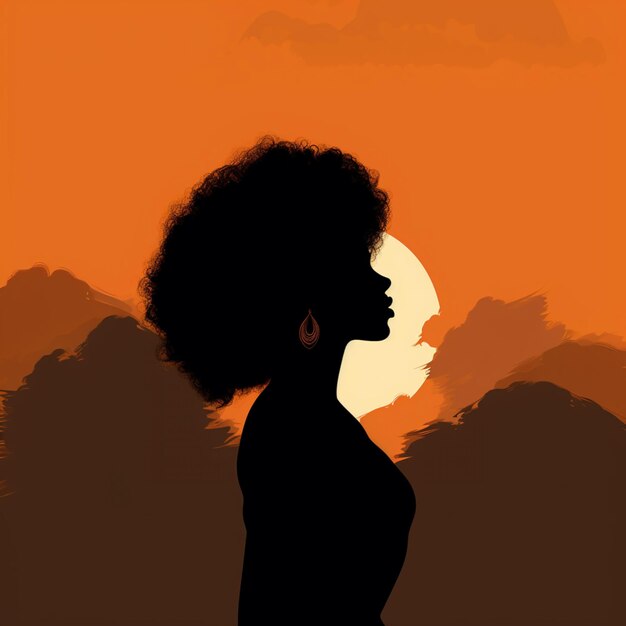 Er staat een vrouw met een grote afro voor een zonsondergang.