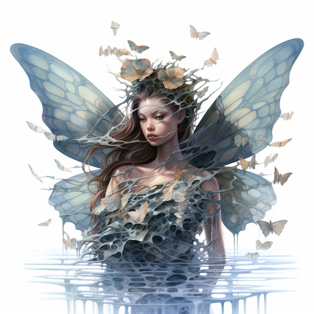 er staat een vrouw met een vlinderkostuum in het water, generatieve ai