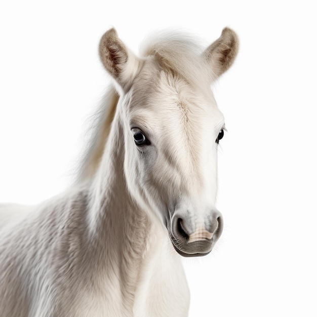 Er staat een wit paard met een lange manen voor een witte achtergrond.