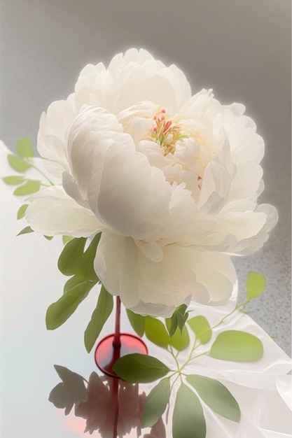 Er staat een witte bloem in een rode vaas op een generatieve ai tafel