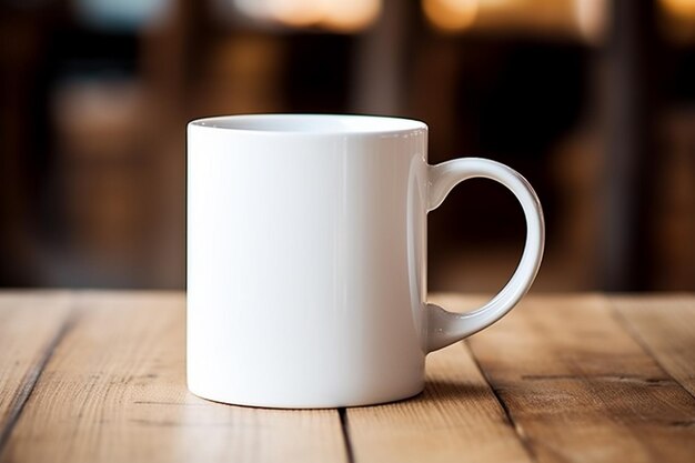 Foto er staat een witte koffiemok op een houten tafel generatieve ai