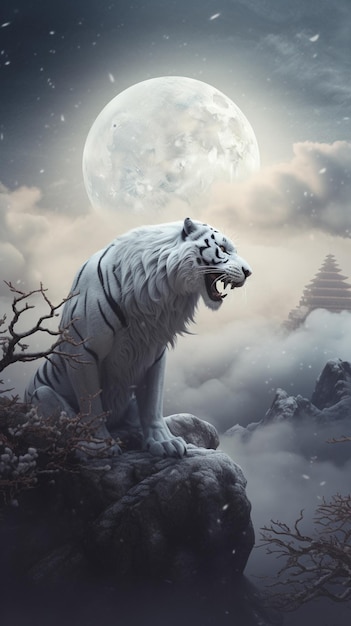 er staat een witte tijger op een rots in de sneeuwgeneratieve ai
