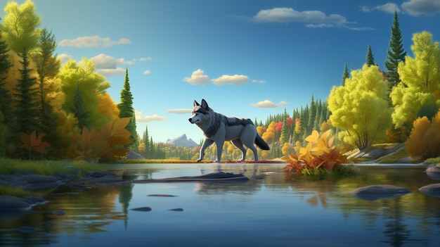 Er staat een wolf op een rots in een rivier.