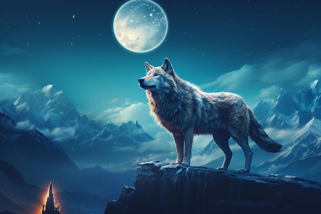 er staat een wolf op een rots met een kasteel op de achtergrond generativ ai