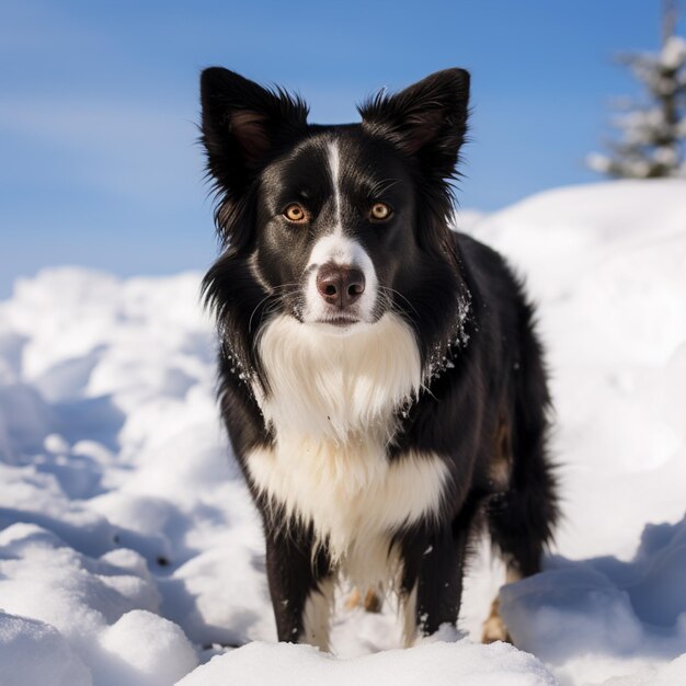 Er staat een zwart-witte hond in de sneeuw.